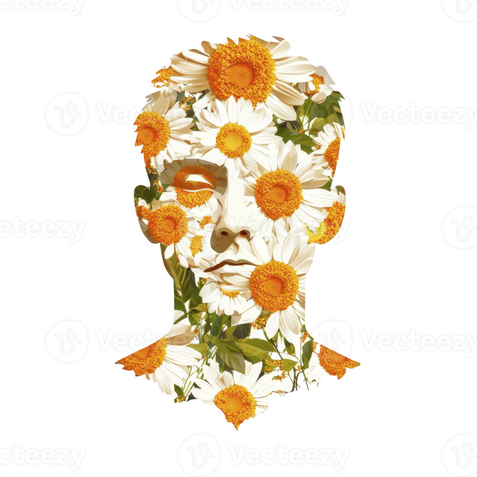 human face is creatively blended with vibrant orange and white flowers, creating surreal and artistic expression. floral elements add sense of nature and beauty to composition png