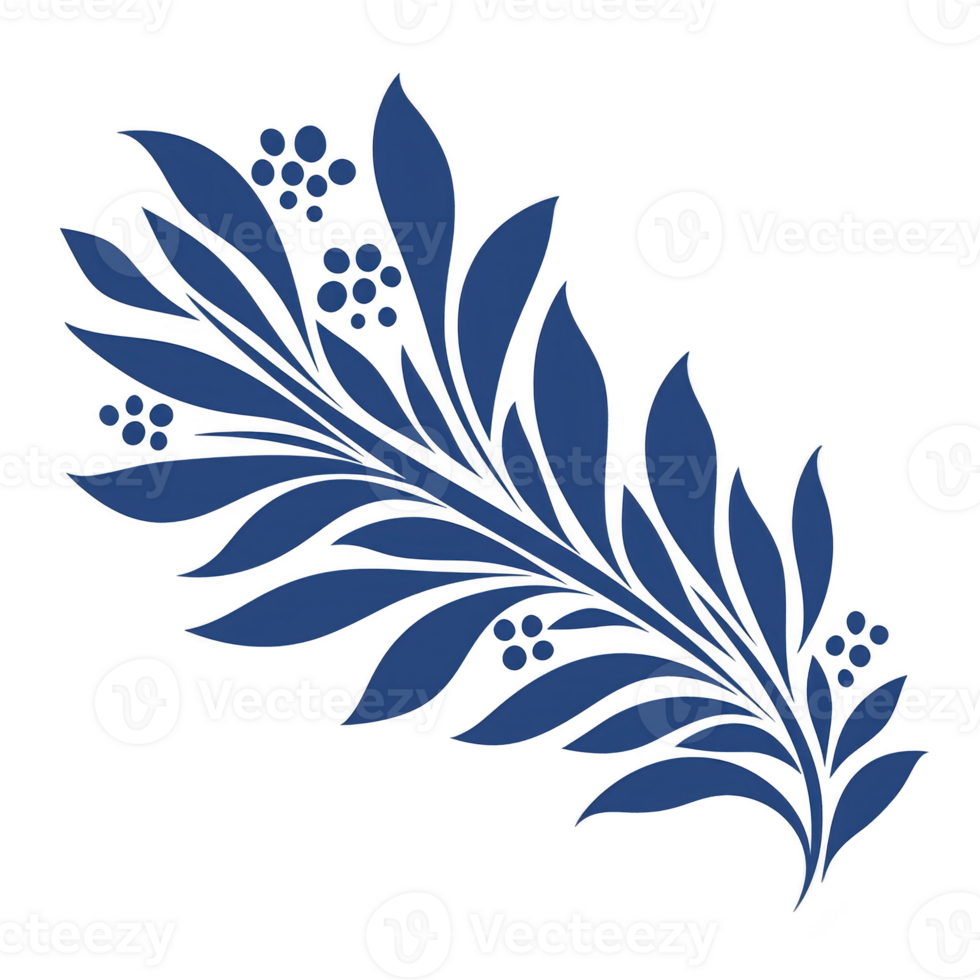 decorative blue floral design with stylized leaves and small berries, creating elegant and artistic pattern. illustration is simple yet sophisticated, suitable for various design applications png