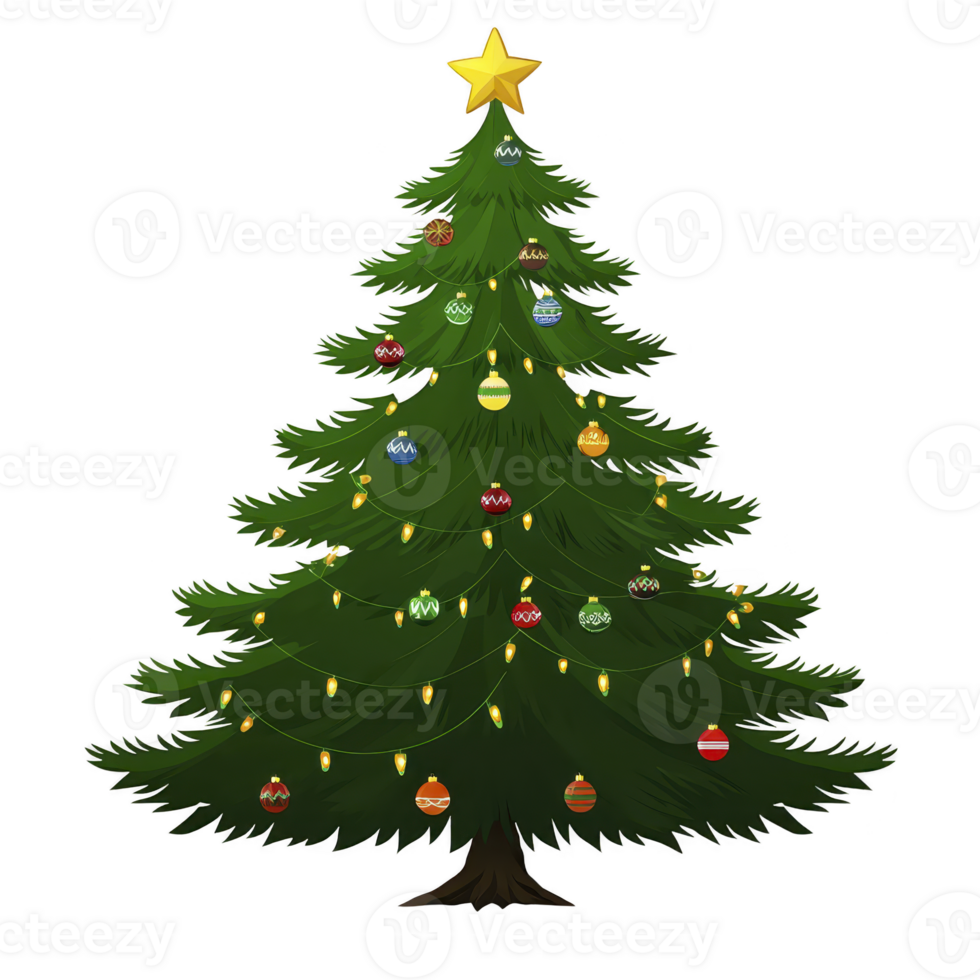 beautifully decorated Christmas tree with shining star on top, adorned with colorful ornaments and twinkling lights, creating festive and joyful atmosphere png