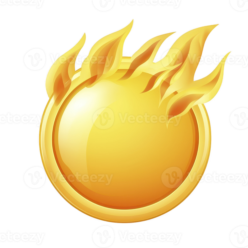 round, golden emblem with fiery flames emanating from top, symbolizing energy and intensity. design is bold and dynamic, capturing attention with its vibrant colors png