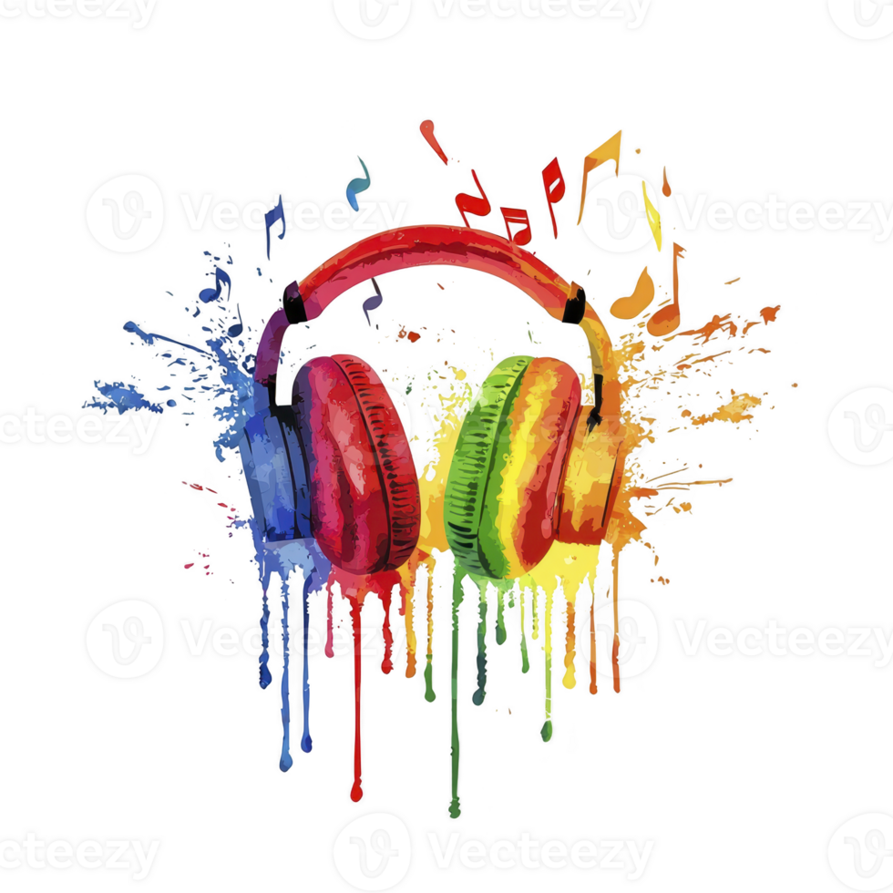 vibrant illustration of colorful headphones with splashes of paint and musical notes, symbolizing joy and energy of music. dynamic design captures sense of creativity and expression png