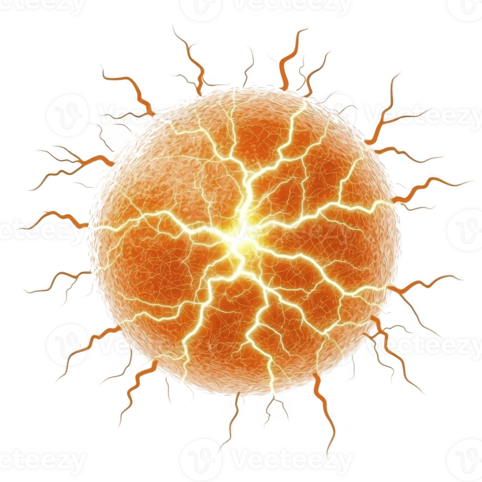 glowing orange sphere with electric sparks radiating outward, resembling powerful energy source or plasma ball, creating dynamic and energetic visual effect png