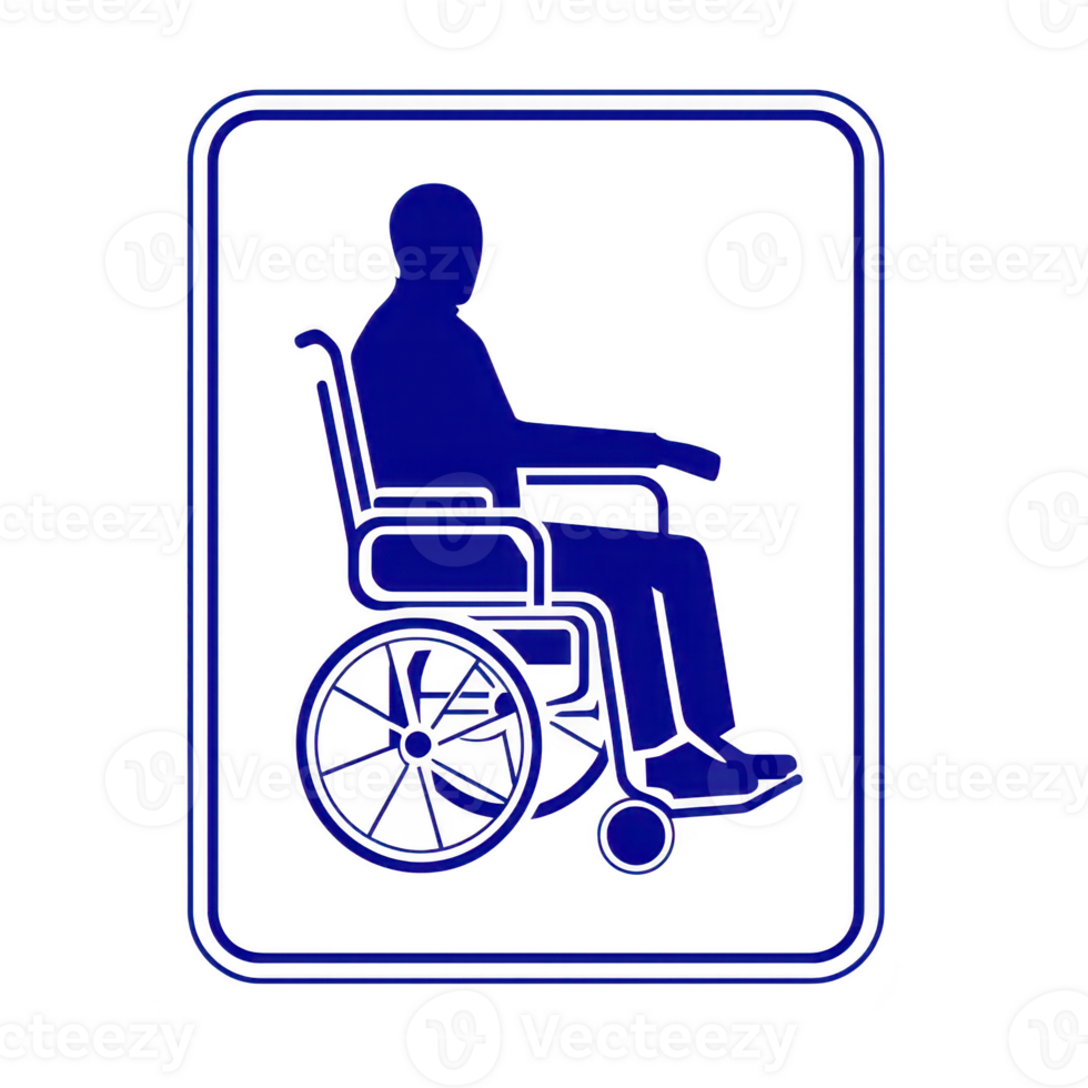 blue wheelchair symbol signifying accessibility, featuring person sitting wheelchair within rectangular frame. This icon is commonly used to indicate facilities or areas that are accessible to png