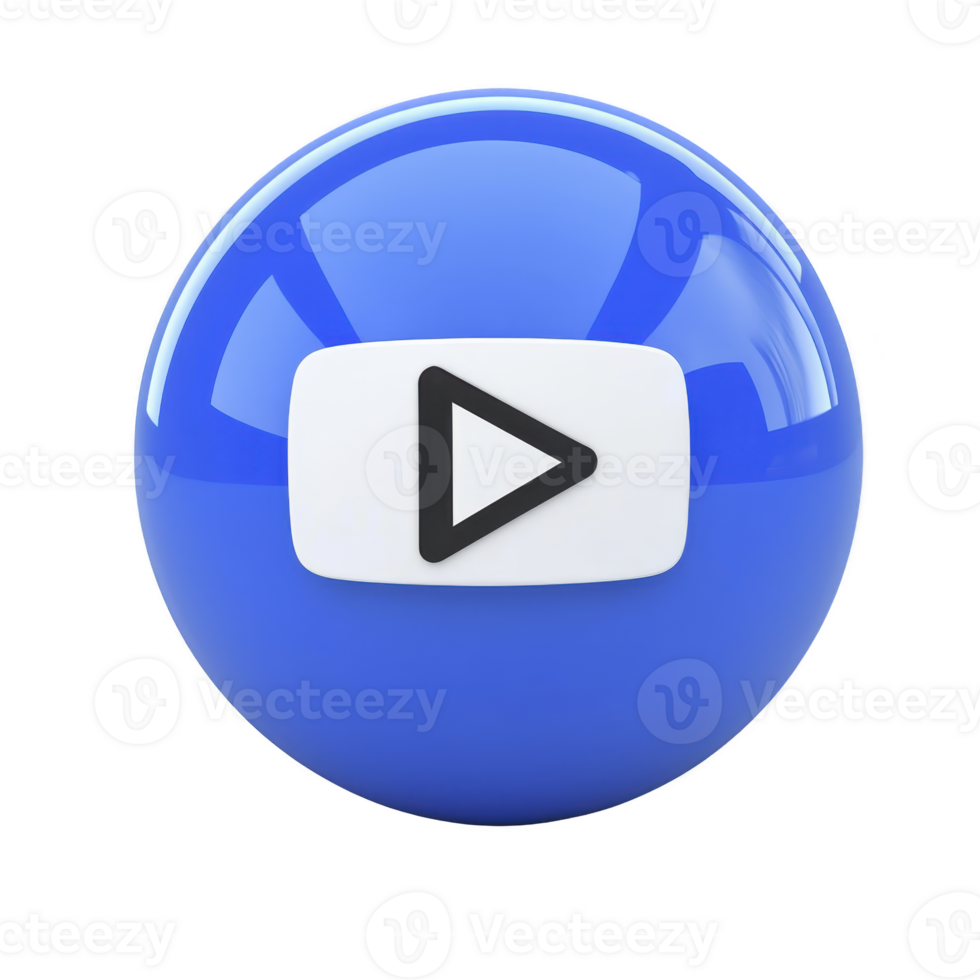 glossy blue sphere with play button icon symbolizes digital media and online streaming. reflective surface adds modern and sleek touch png