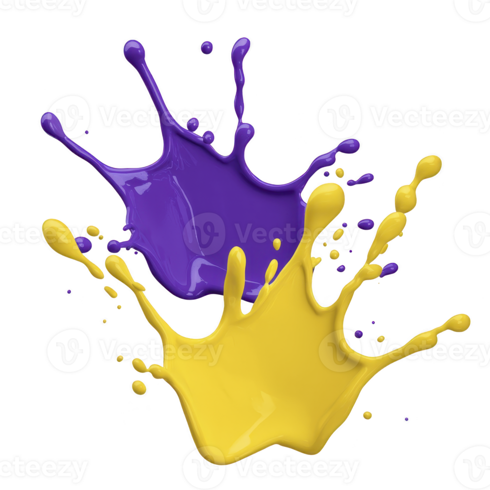 vibrant splash of purple and yellow paint collides in mid air, creating energetic and dynamic visual. contrasting colors blend slightly at edges, showcasing fluid motion png