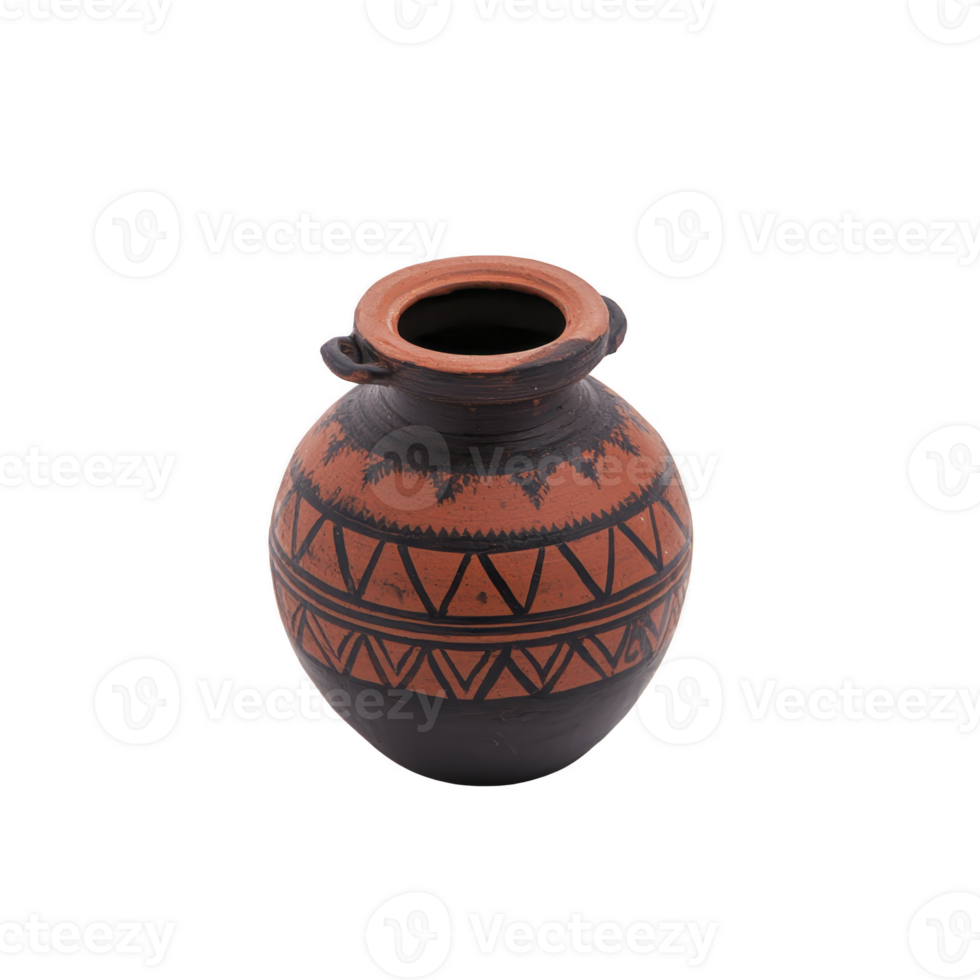 beautifully crafted clay pot with intricate geometric patterns, showcasing traditional artistry. earthy tones and detailed design evoke sense of cultural heritage and craftsmanship png