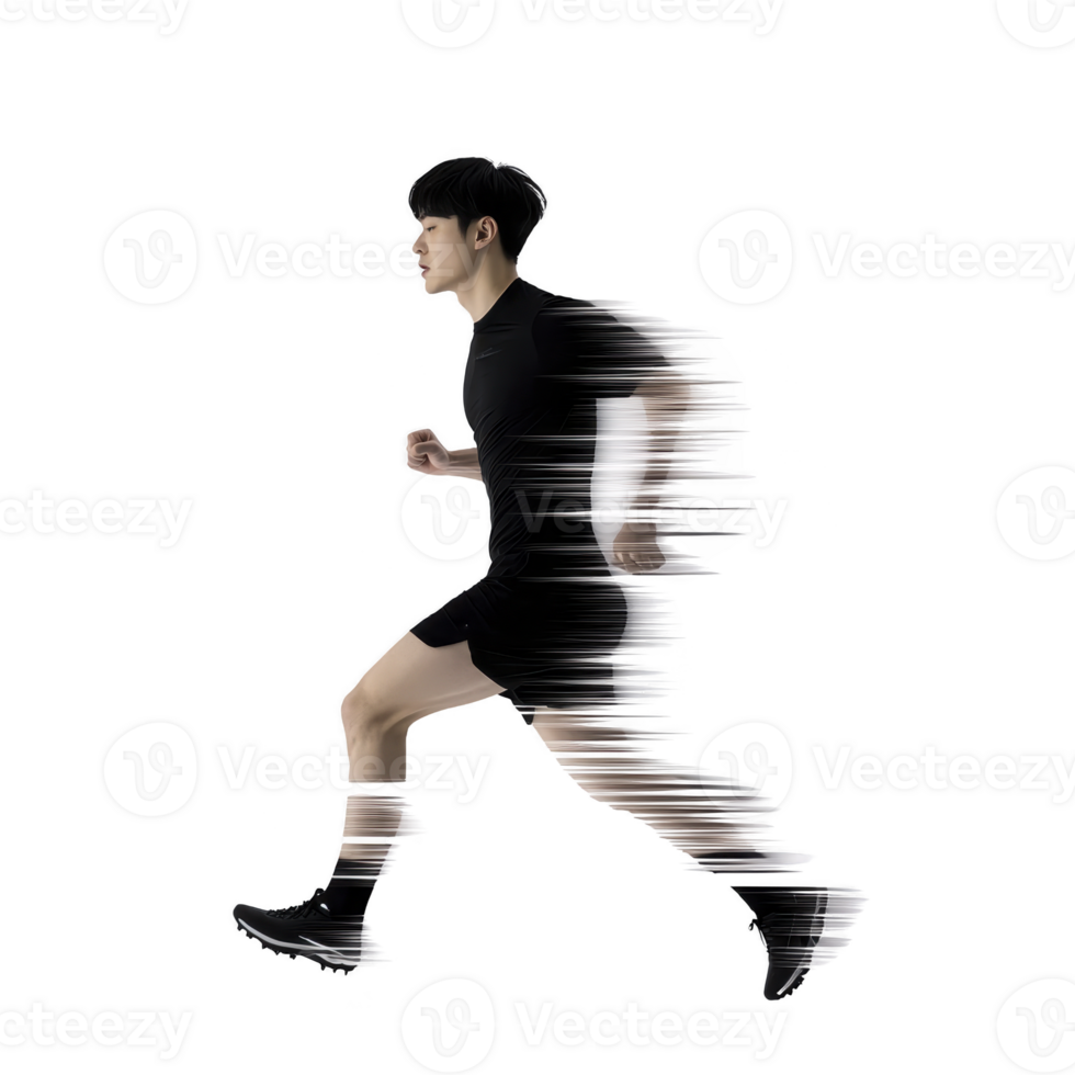 man in motion appears to be running with dynamic glitch effect, creating sense of speed and energy. image captures essence of movement and modern digital art png