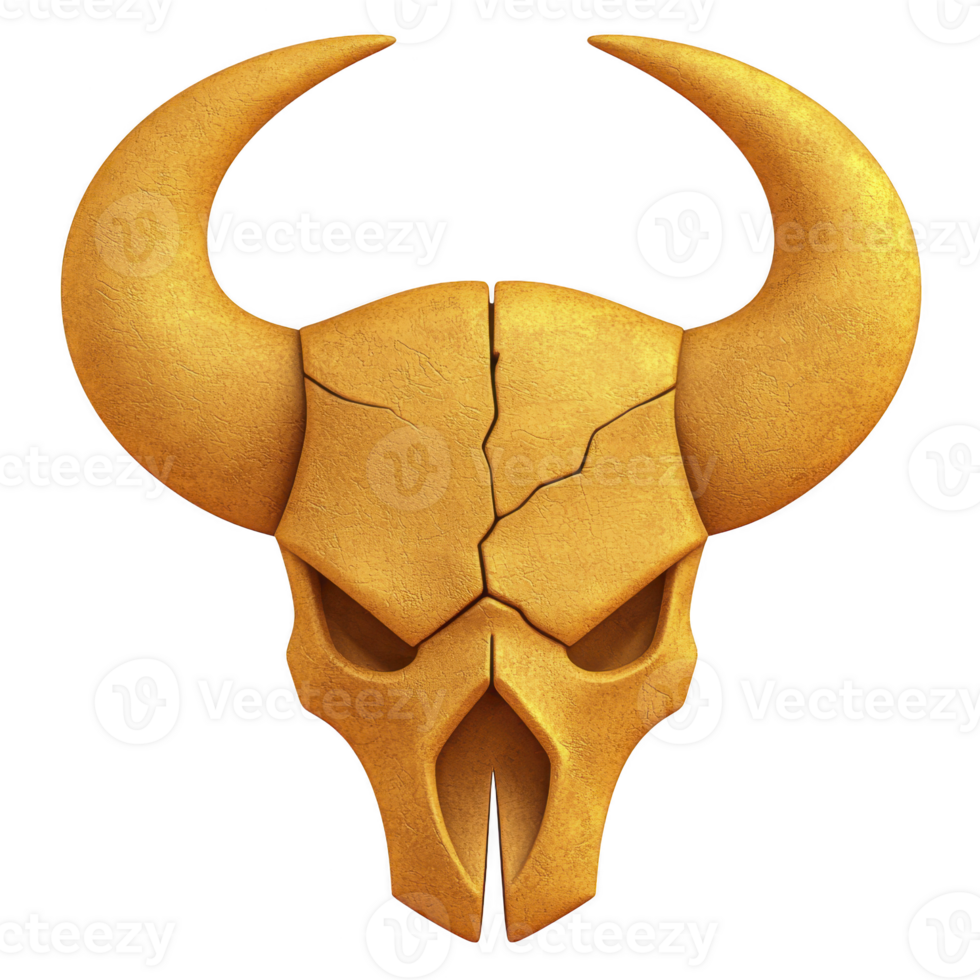 cracked golden bull skull with large horns symbolizes strength and resilience. textured surface and detailed design evoke sense of ancient power and mystery png