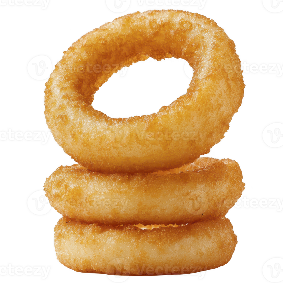 Golden, crispy onion rings stacked in tempting tower, showcasing their crunchy texture and inviting appearance. Perfect for snack or side dish png