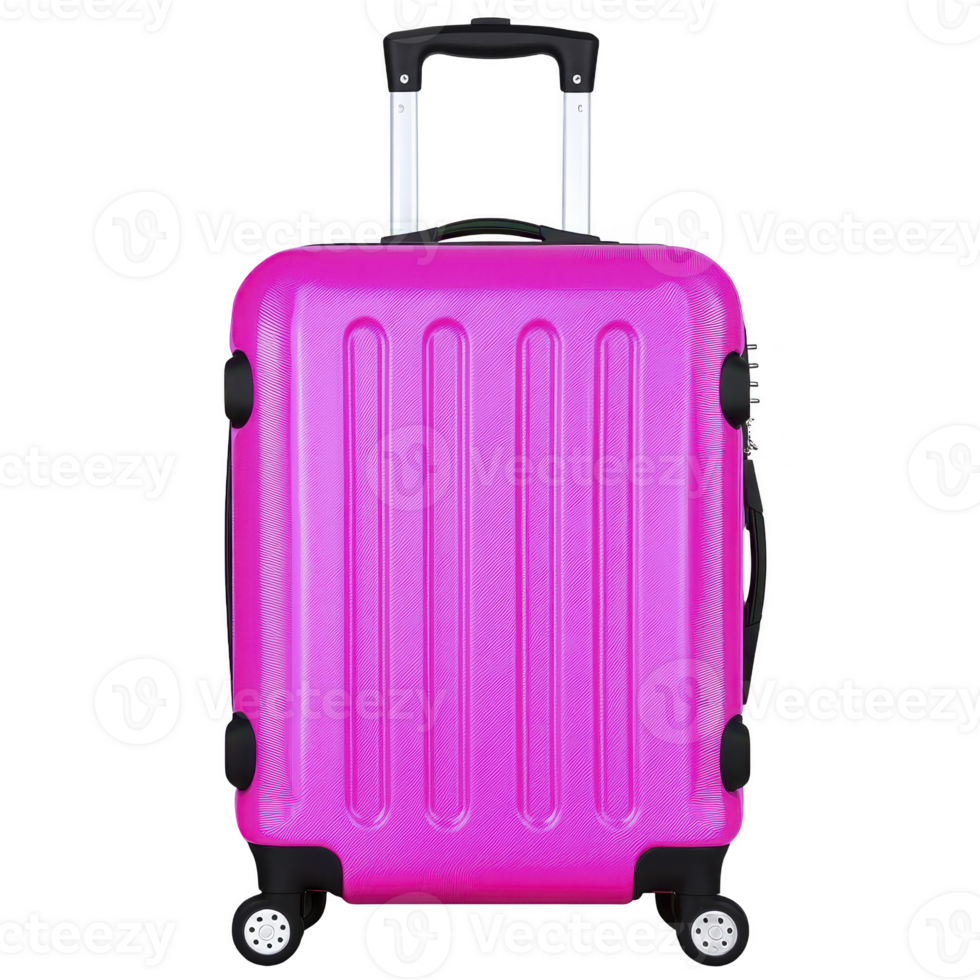 vibrant pink suitcase with hard shell design, featuring four wheels and telescopic handle, ideal for travel. suitcase is upright, showcasing its sturdy construction and modern style png
