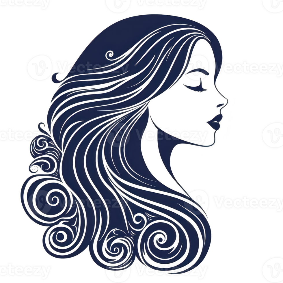 stylized illustration of woman profile with flowing, wavy hair in dark blue color, featuring intricate line details and serene expression. design is elegant and artistic png