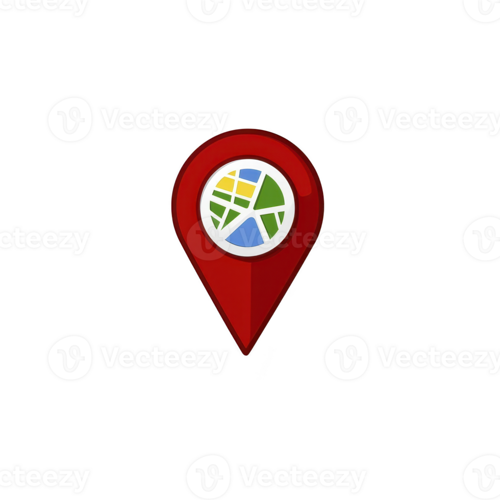 red map pin icon with colorful map design in center, symbolizing location or navigation. pin is isolated on transparency background, representing travel or direction png
