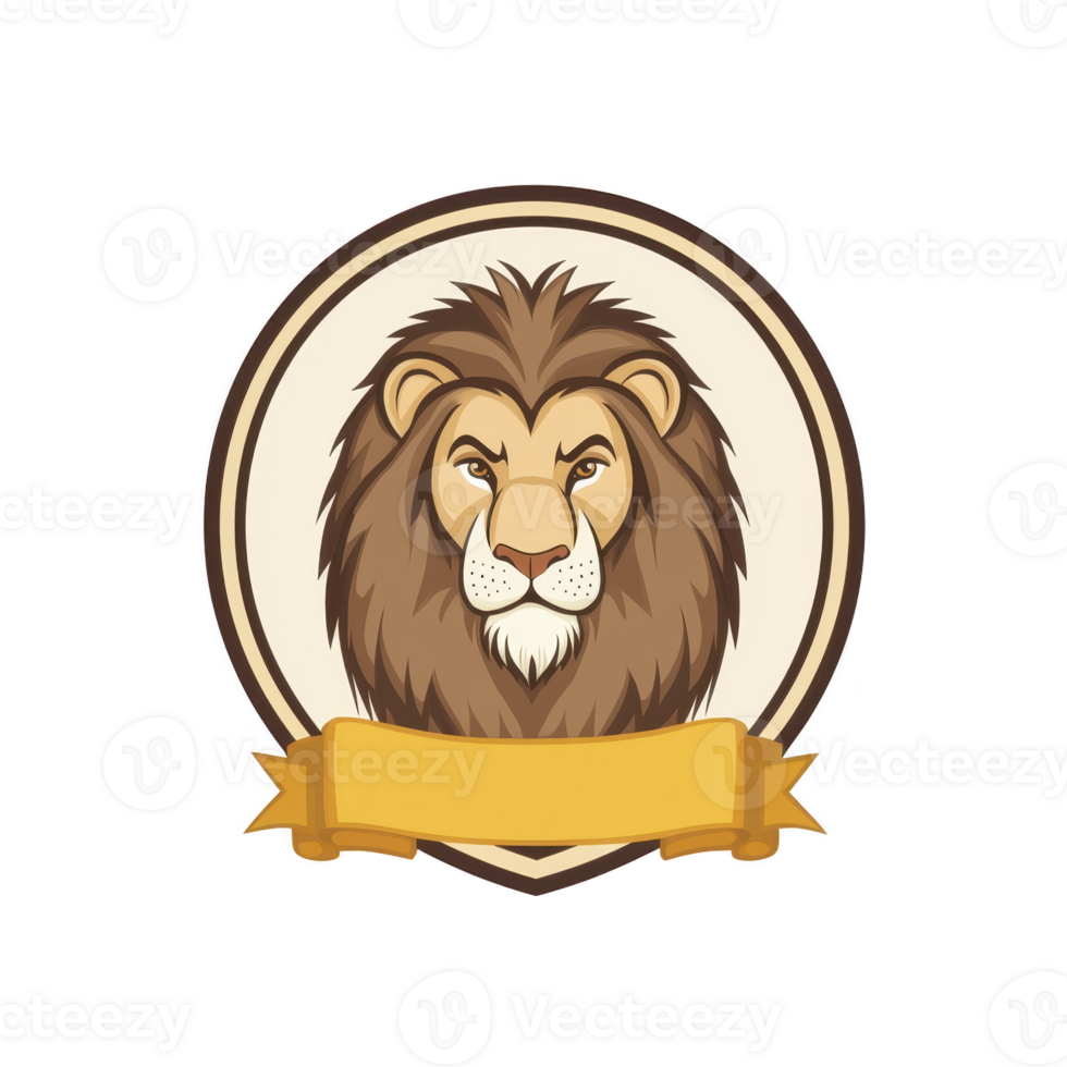 detailed illustration of lion head is centered within circular emblem, featuring blank golden banner below. design conveys strength and majesty, ideal for logos or branding png