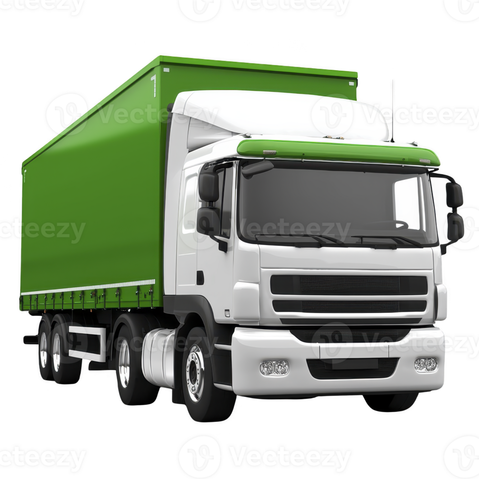 large white and green cargo truck with covered trailer is depicted, showcasing its robust design and functionality for transporting goods. truck is positioned angle, highlighting its size png