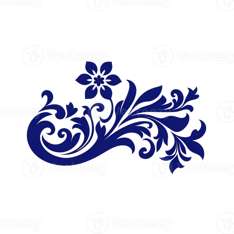 decorative blue floral design with intricate swirls and leaves, featuring central flower, evokes elegance and artistic flair. pattern is suitable for embellishments and creative projects png
