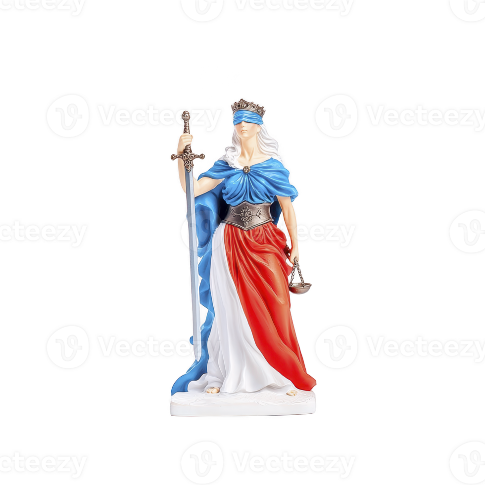 blindfolded Lady Justice statue stands with sword and scales, symbolizing fairness and impartiality. statue is adorned in red, white, and blue, representing justice and equality png