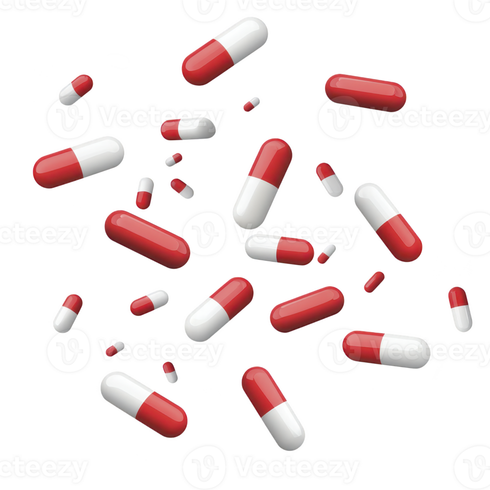 Red and white capsules are scattered against transparency background, creating dynamic and energetic composition. capsules vary in size, suggesting sense of motion and randomness png