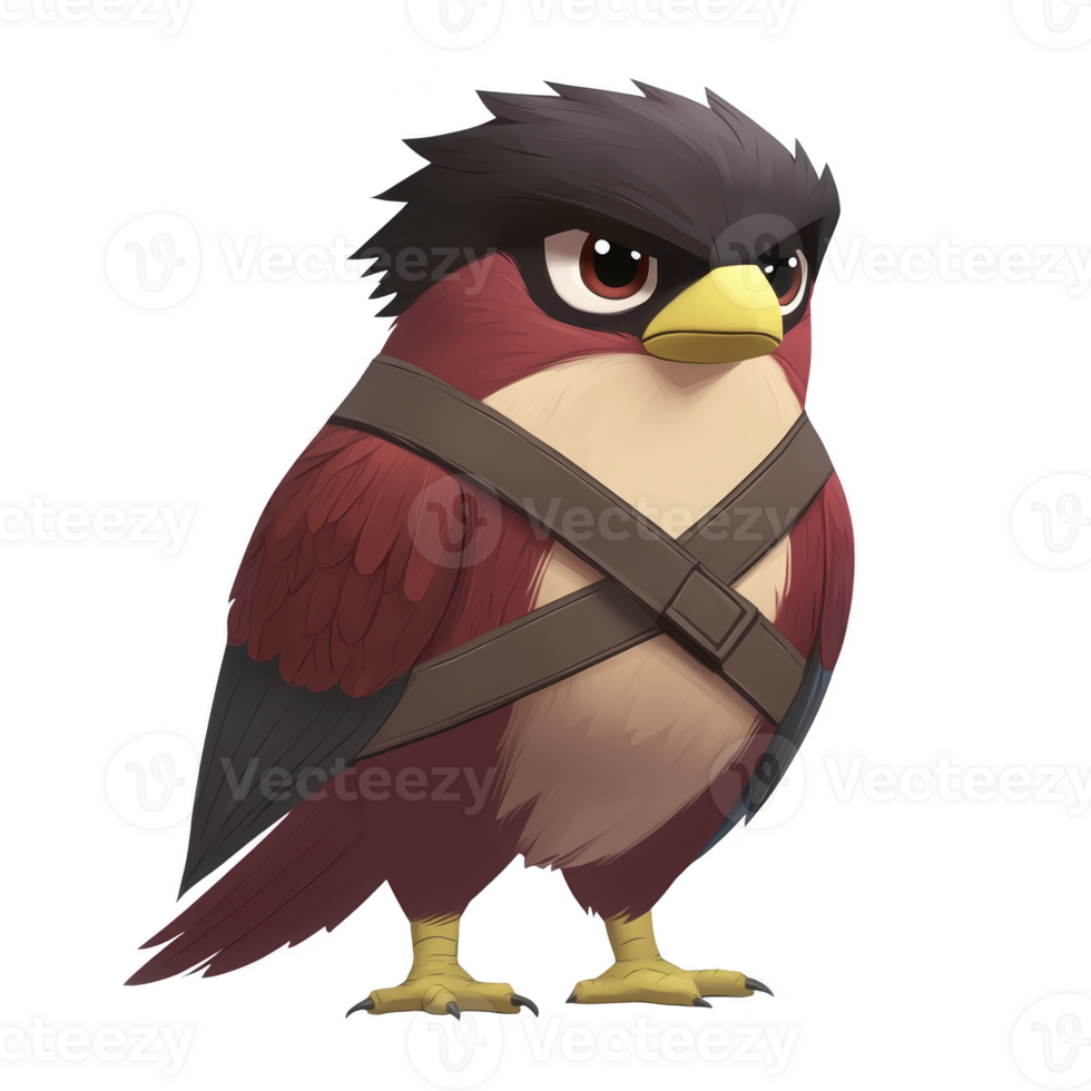 cute, animated bird character with red and black feathers, wearing harness, stands confidently. Its large eyes and expressive face add charm and personality to illustration png