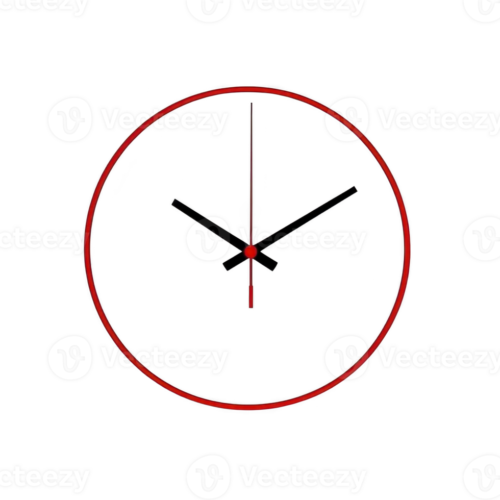 minimalist wall clock with red circular frame and black hands, set against transparent background, conveys simplicity and elegance png