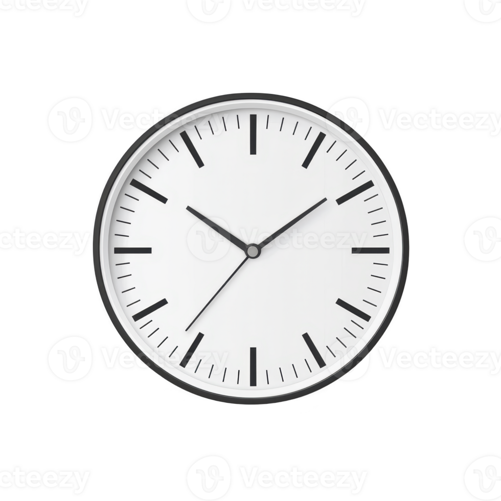 minimalist wall clock with white face and black hour and minute hands, featuring simple black hour markers. design is sleek and modern, suitable for any contemporary space png