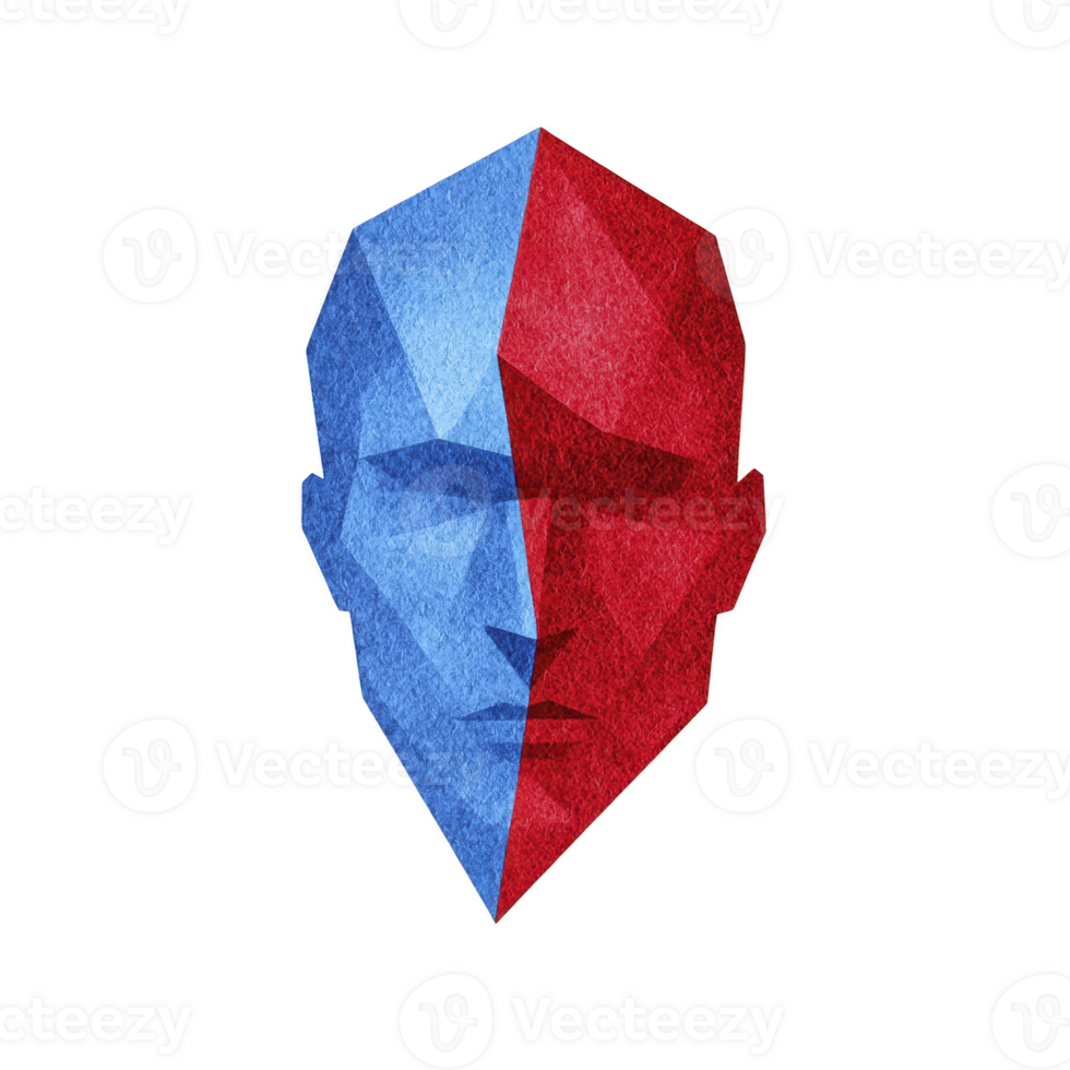 This features geometric, abstract face divided into two contrasting halves, one blue and one red, creating striking visual effect. angular shapes and bold colors convey sense of duality png