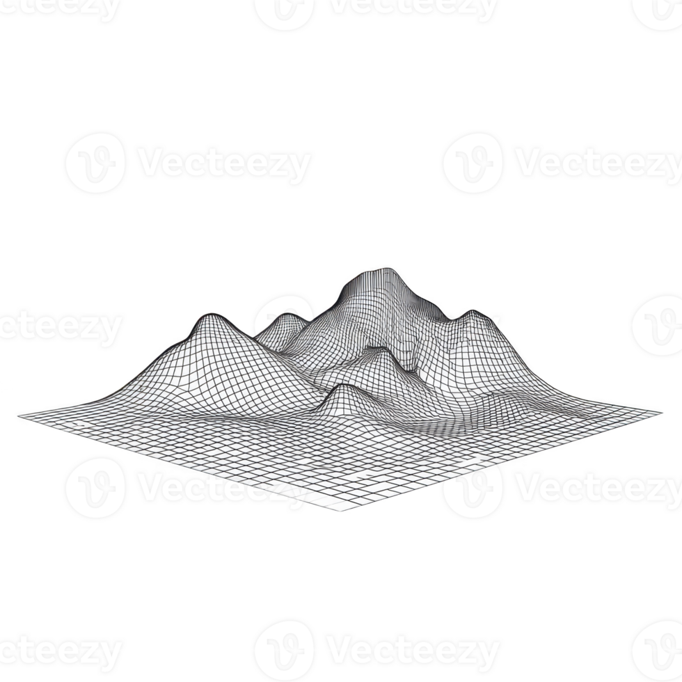 3D wireframe landscape model with peaks and valleys, showcasing digital terrain representation. grid lines form mesh pattern, illustrating topographical features in minimalist style png