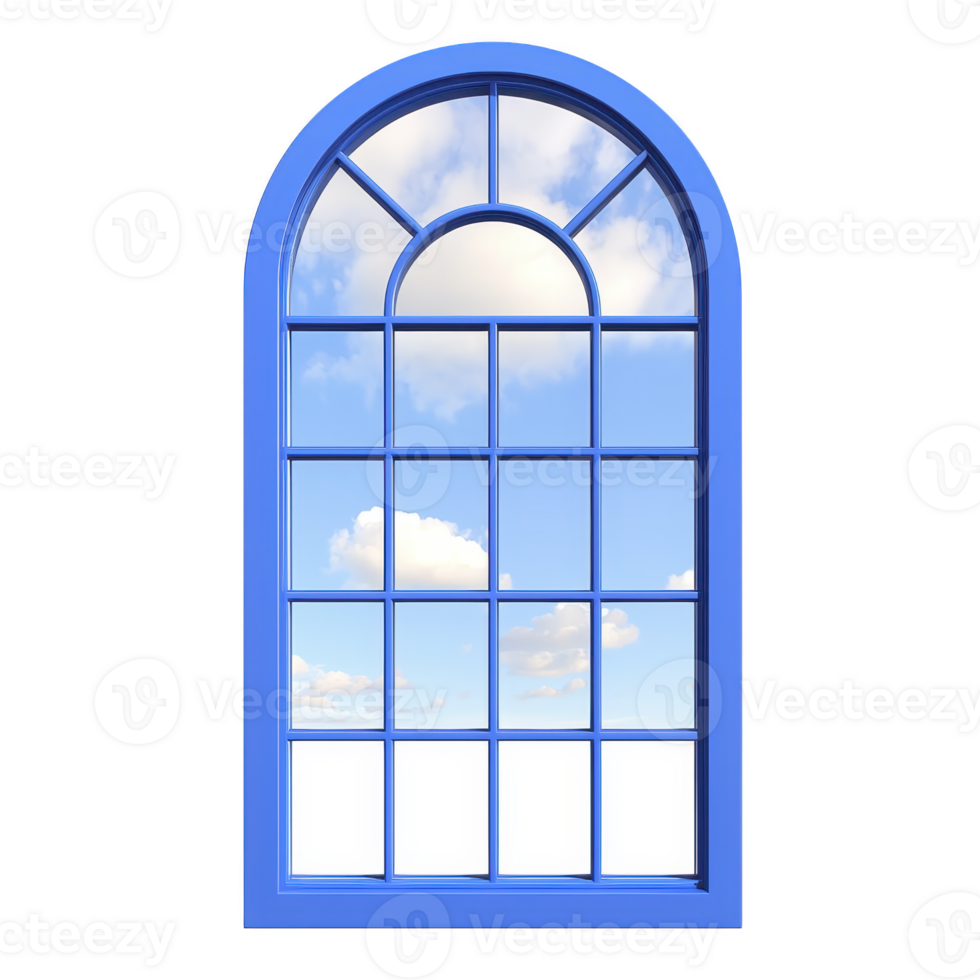 vibrant blue arched window frame with multiple panes reveals clear sky with fluffy white clouds, evoking sense of openness and tranquility png