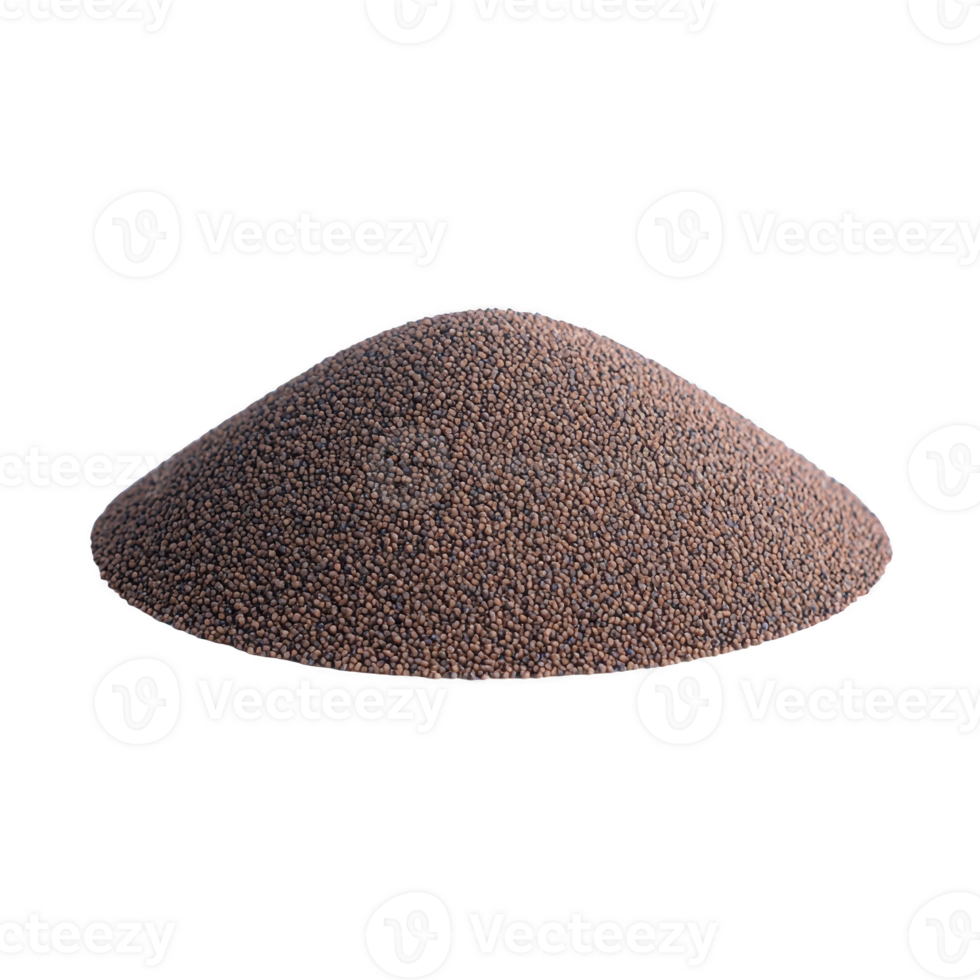 mound of small, round, brown seeds is displayed against transparency background, showcasing their texture and uniformity. These seeds are commonly used in cooking and agriculture png