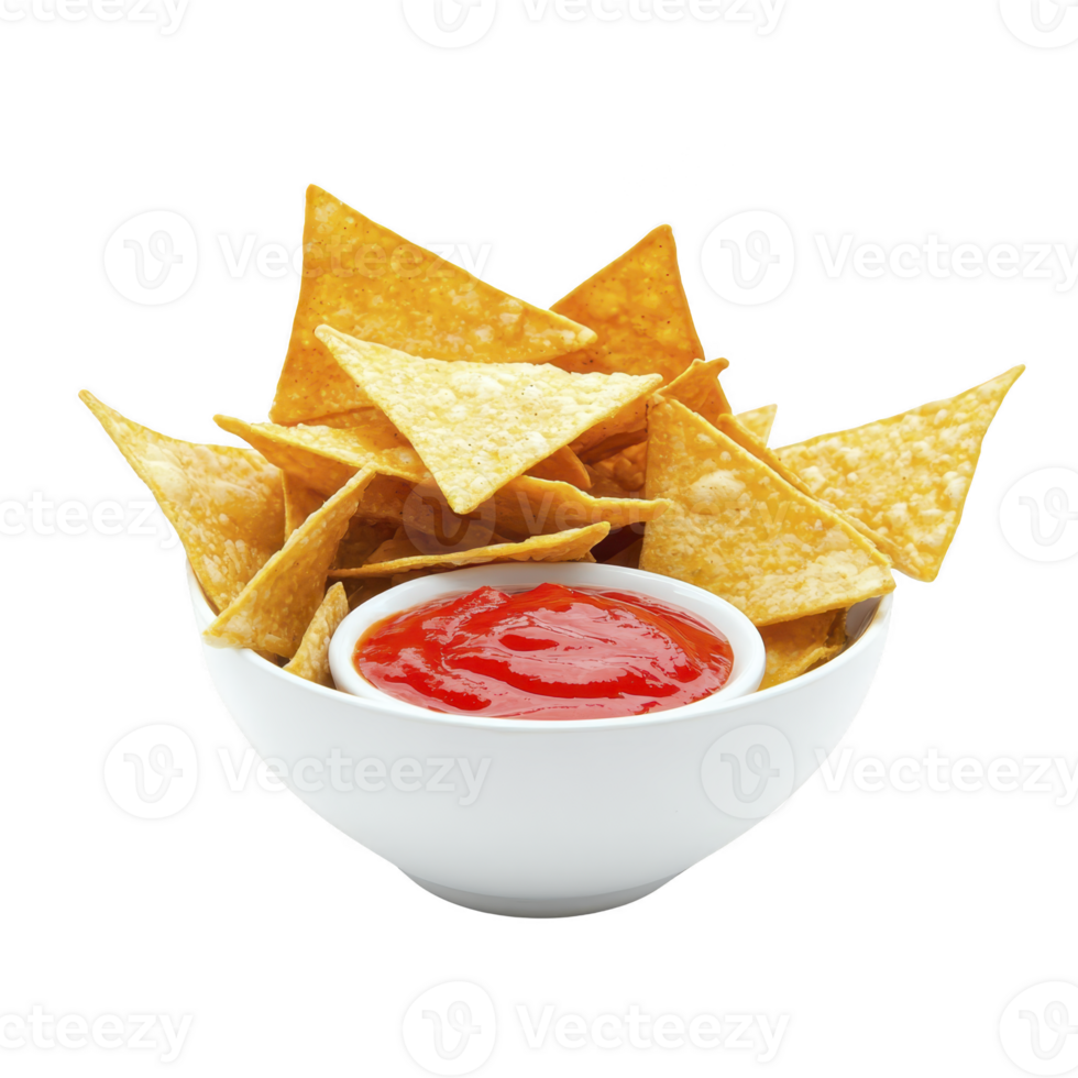 Crispy tortilla chips in white bowl with vibrant red salsa create delicious snack combination. golden chips and tangy dip offer perfect blend of flavors png