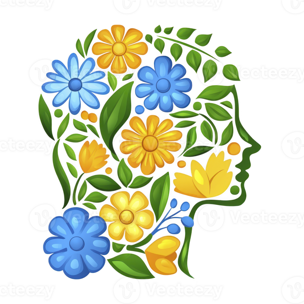 silhouette of human head is creatively filled with vibrant blue and yellow flowers, green leaves, and stems, symbolizing growth and creativity. design is colorful and artistic png