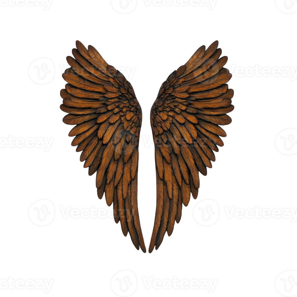 Brown angel wings with detailed feathers are symmetrically spread, evoking sense of freedom and grace. intricate texture and natural color create realistic and artistic impression png