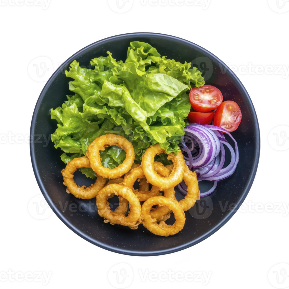 Crispy onion rings served with fresh lettuce, cherry tomatoes, and sliced red onions on black plate create vibrant and appetizing dish png