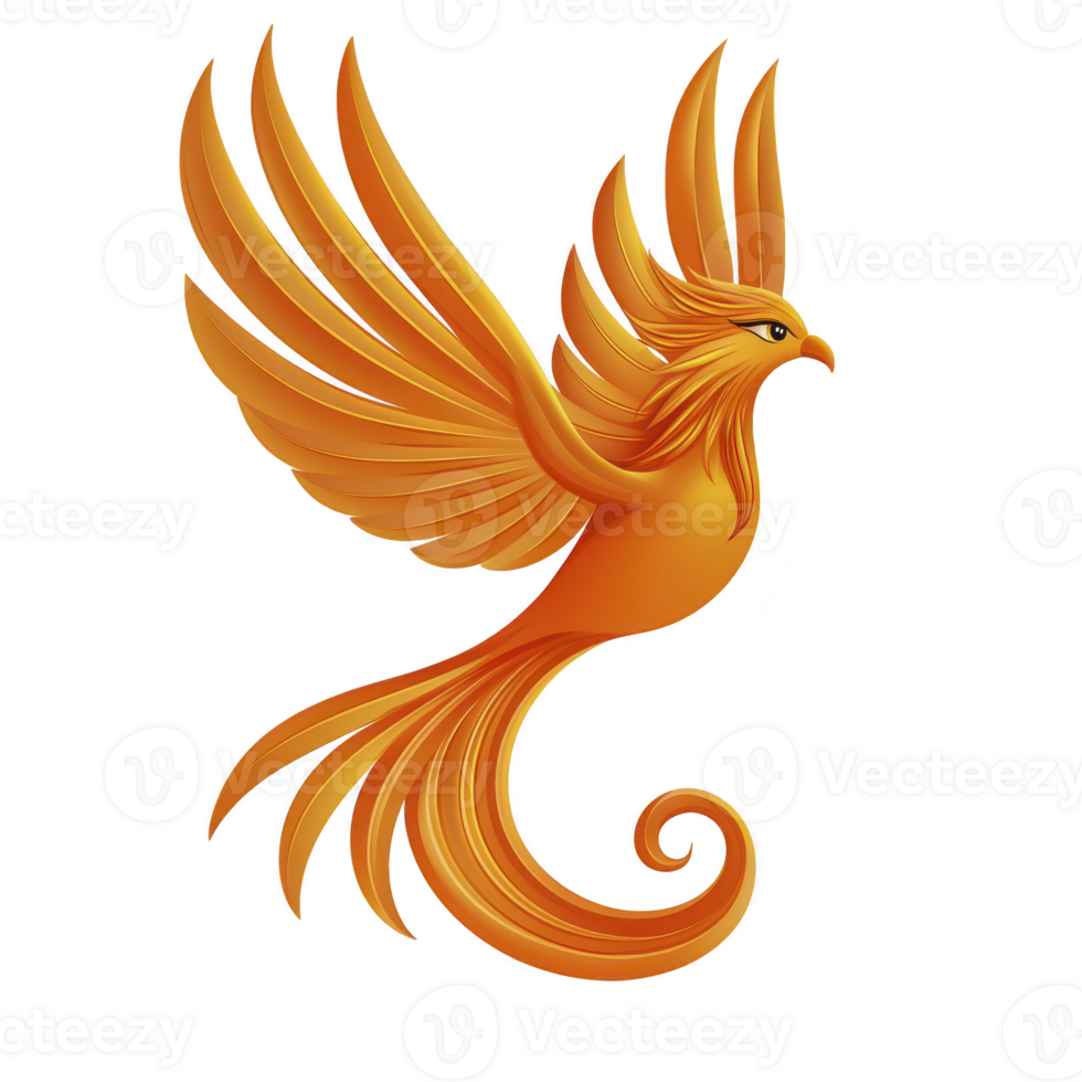 vibrant orange phoenix with elegant, flowing feathers and fierce expression, symbolizing rebirth and renewal. mythical bird is depicted in mid flight, showcasing its majestic wings png