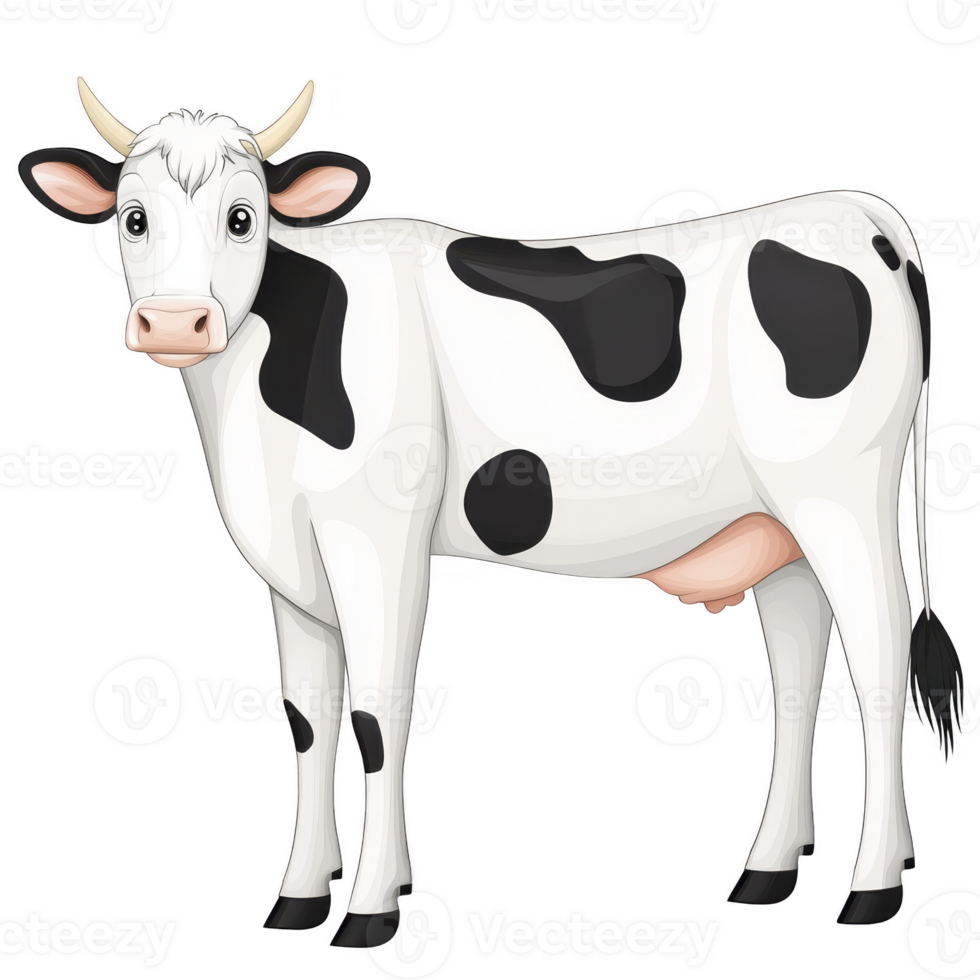 cartoon cow with black and white spots stands facing forward, displaying friendly expression. cow has pink udder and small horns, set against plain background png