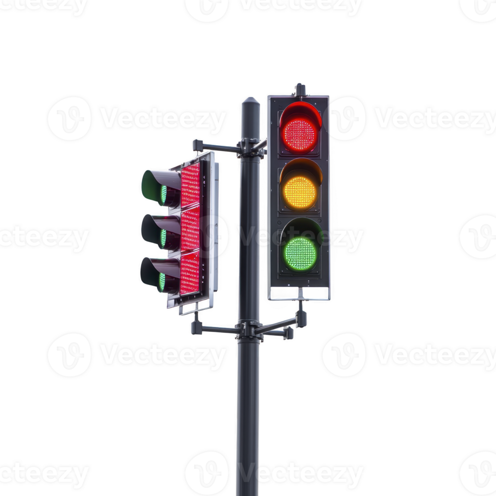 traffic light with red, yellow, and green signals stands against clear background, symbolizing control and regulation urban environments. lights are illuminated, indicating stop, caution, and go png