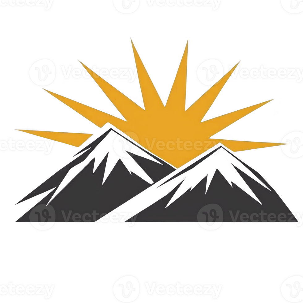 stylized illustration of mountains with bright yellow sunburst rising behind them, symbolizing adventure and new beginnings. design is simple yet impactful png