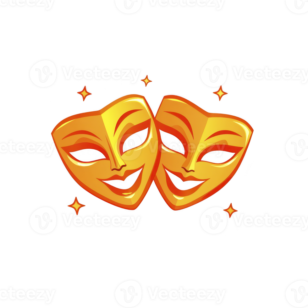 image features two golden theatrical masks, one smiling and one frowning, symbolizing comedy and tragedy in theater. masks are surrounded by small stars, adding whimsical touch png