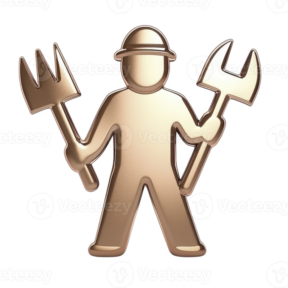 This features bronze colored icon of person holding pitchfork and wrench, symbolizing labor and industry. figure wears hard hat, representing safety and construction.worker icon with tools png
