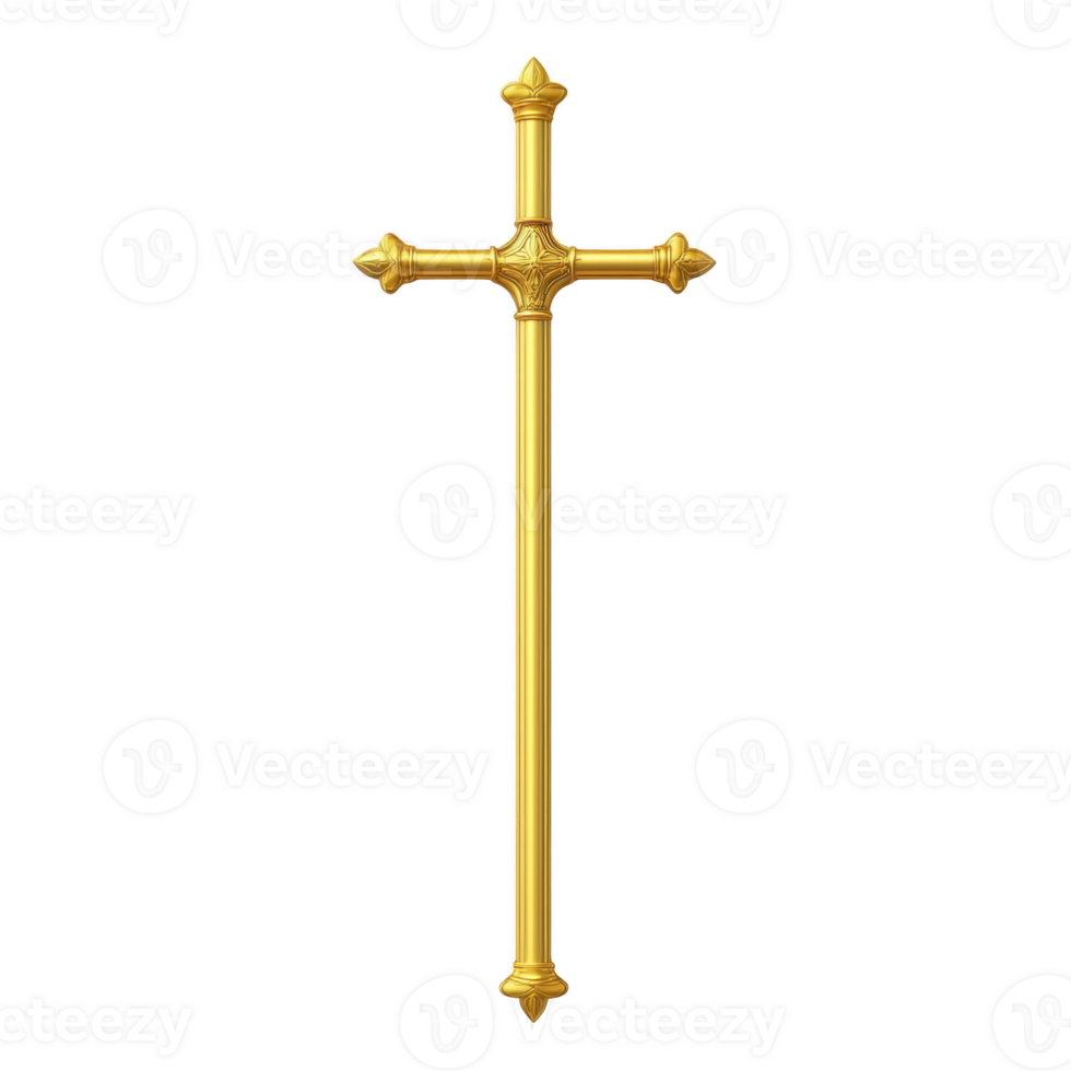 golden ornate cross with intricate details, symbolizing faith and spirituality, stands out against plain background. design is elegant and reflective of religious artistry png