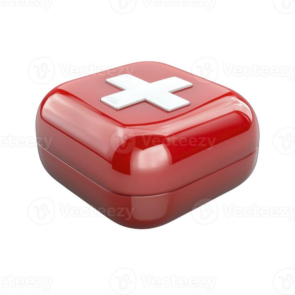 shiny red first aid kit with white cross on top, symbolizing emergency medical assistance. compact, glossy design is ideal for quick access in urgent situations png