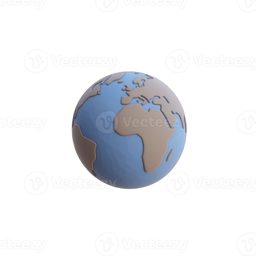 3D illustration of Earth showcasing continents brown and oceans blue, set against plain background. globe highlights Africa and Europe prominently, offering simplified, artistic representation png