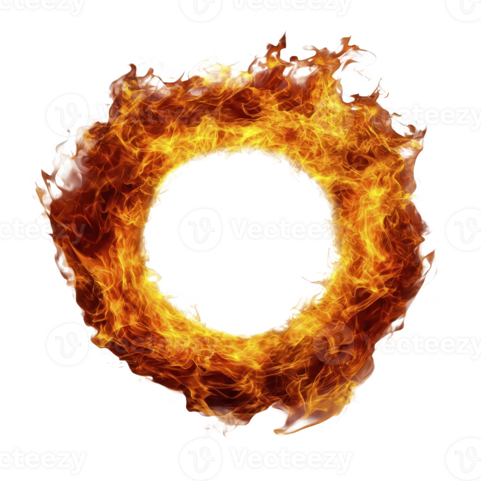 fiery ring of flames burns brightly against transparency background, creating dramatic and intense visual effect. vibrant orange and yellow hues of fire contrast sharply with darkness png