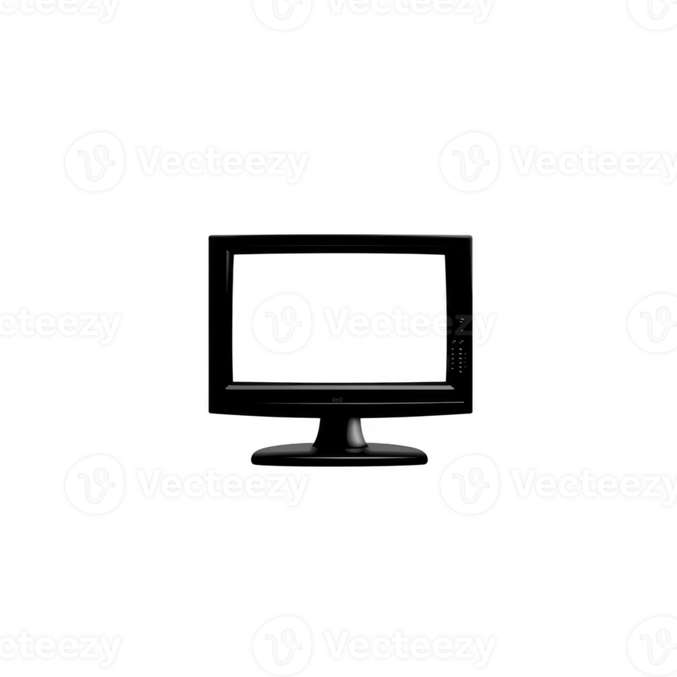 Black computer monitor with blank screen is isolated on transparency background, showcasing minimalist design. monitor is positioned centrally, emphasizing its sleek and modern appearance png