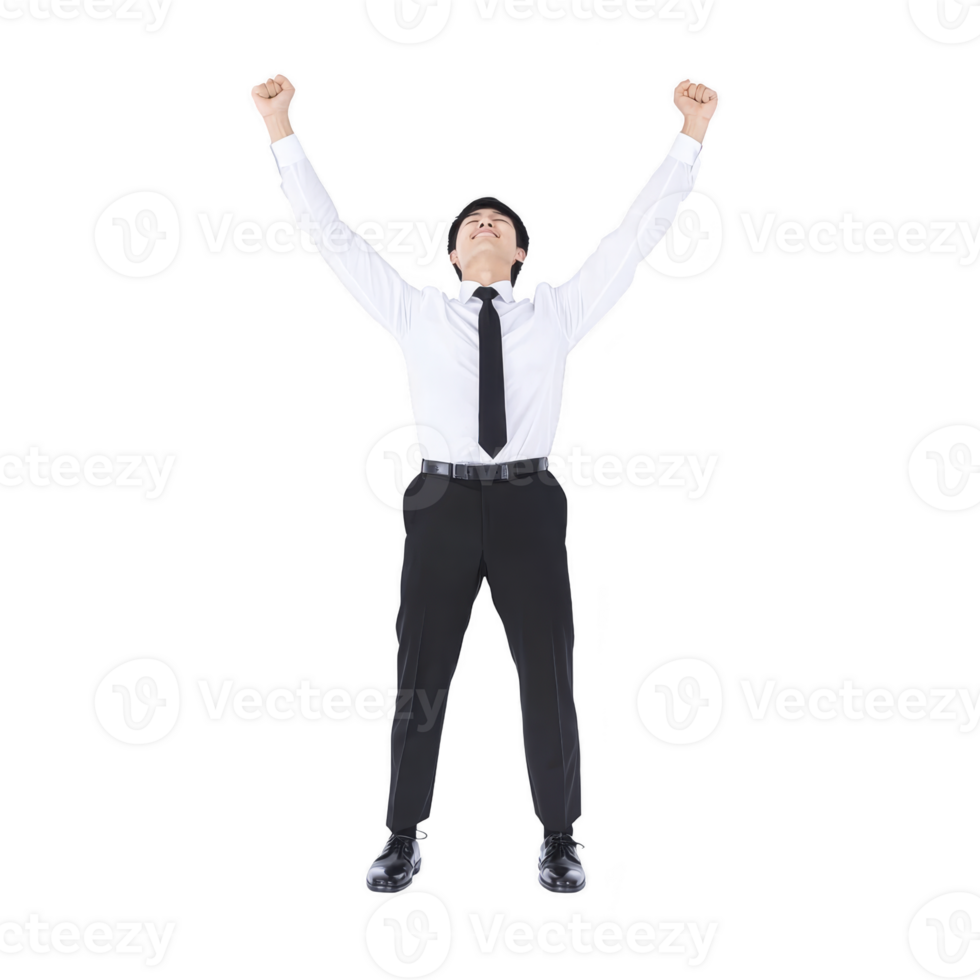 man in white shirt and black tie stands with arms raised in triumph, expressing joy and success. He wears black pants and shoes, conveying professional appearance png