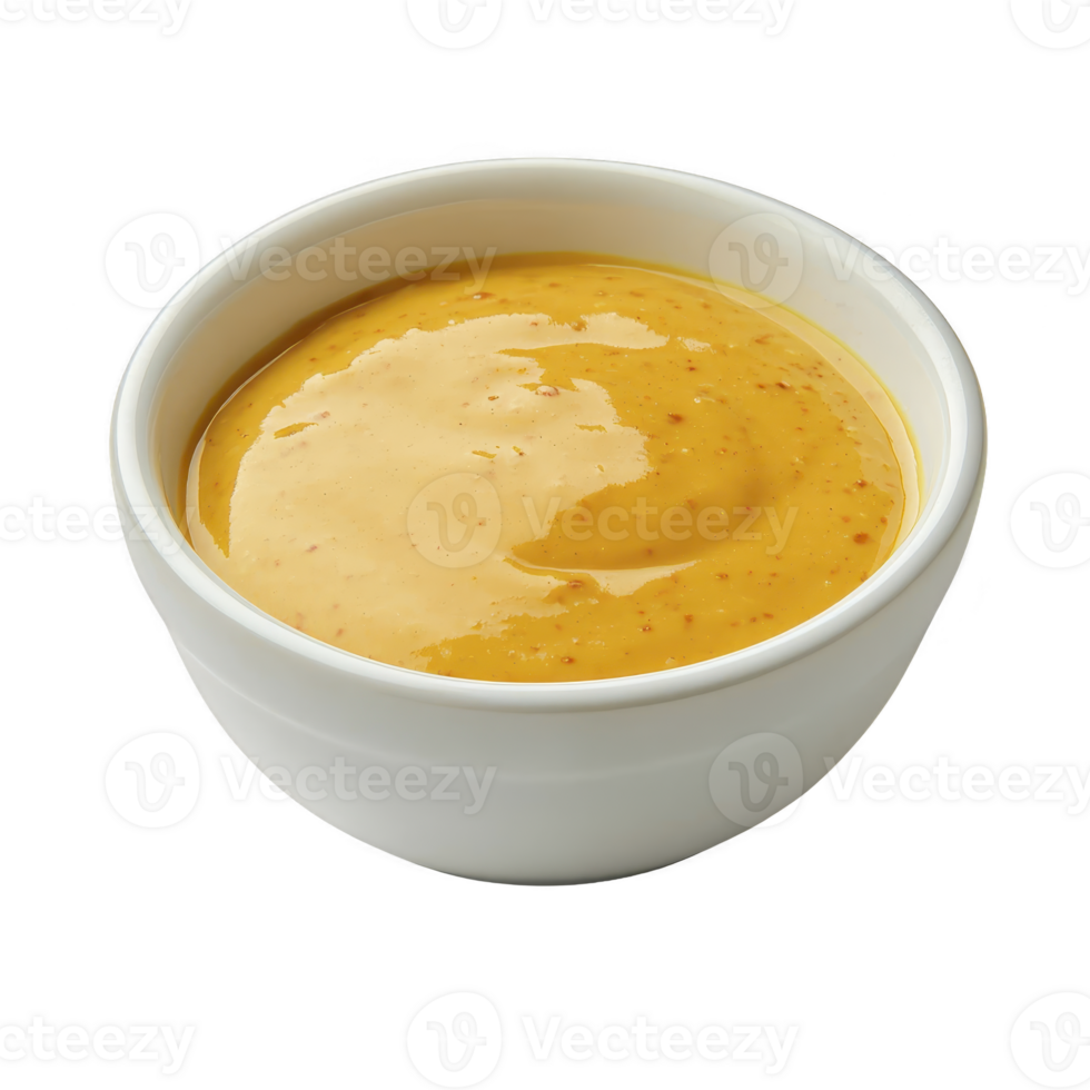 Small white bowl filled with creamy honey mustard sauce, showcasing smooth texture and rich golden color. sauce appears glossy and appetizing, perfect for dipping or dressing png