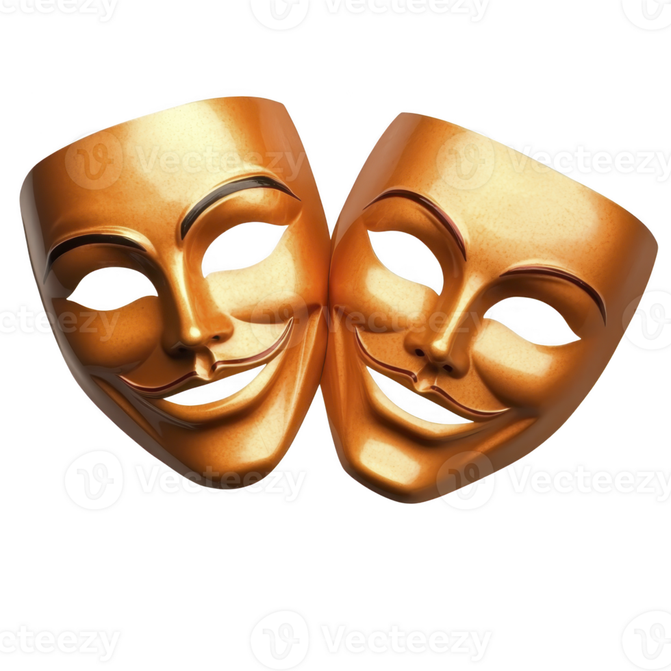 Two golden theatrical masks, one smiling and one frowning, symbolize duality of comedy and tragedy in theater. shiny metallic finish adds dramatic and artistic flair png
