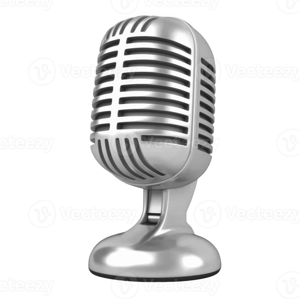 Vintage style silver microphone with classic design, featuring metallic grille and stand, evokes sense of nostalgia and elegance. Perfect for broadcasting or music themes png