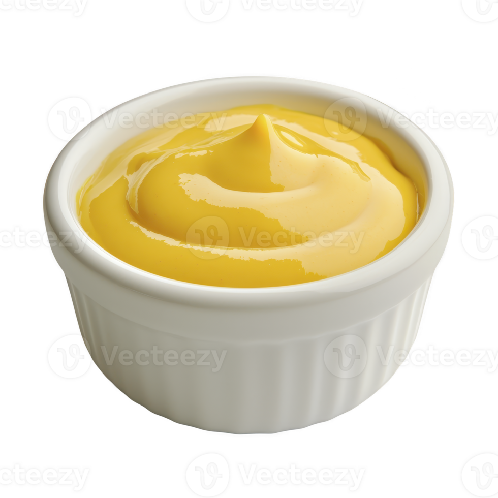 Small white ceramic bowl filled with smooth, creamy yellow mustard, perfect for adding flavor to various dishes. mustard has glossy texture and is neatly swirled png
