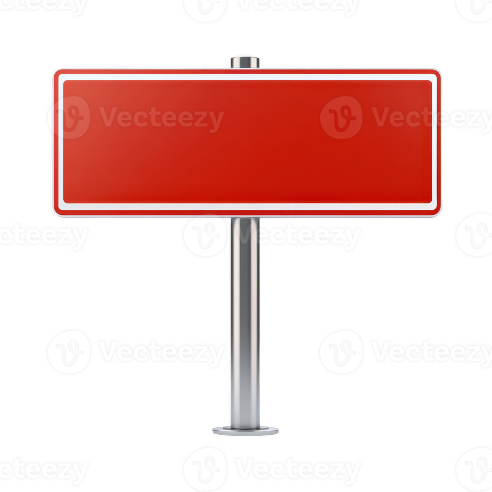 blank red rectangular sign with white border is mounted on silver pole, isolated on transparency background. sign is simple and eye catching, suitable for various uses png