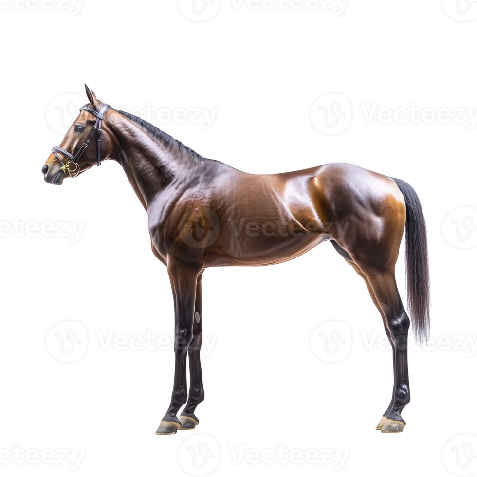 Sleek brown horse stands gracefully, showcasing its muscular build and shiny coat. horse is wearing bridle and is positioned in side profile, highlighting its elegant posture png